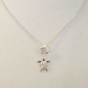 Sterling Silver Honu Turtle CZ Plumeria Flower Pendant Necklace Hawaii 925